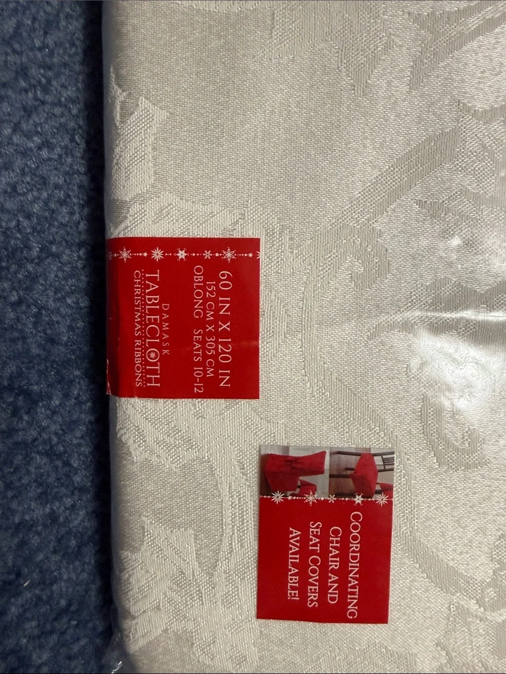 Bed Bath & Beyond White Damask Tablecloth - Christmas Ribbons 60X120